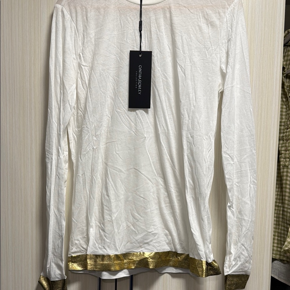 Cynthia Rowley White Long Sleeve Top with Gold Trim
